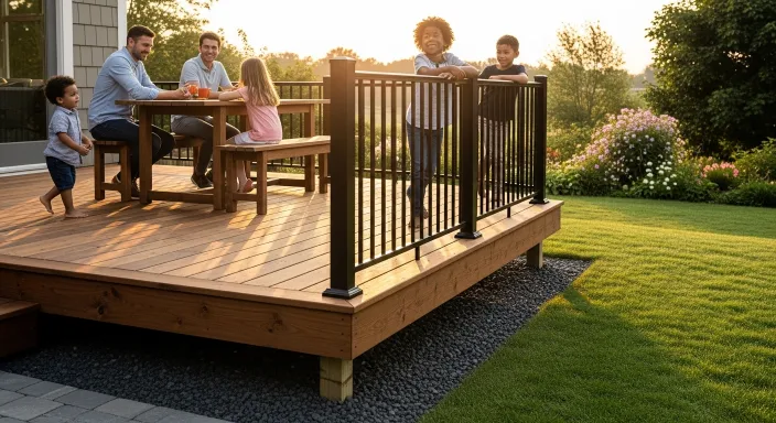 A family enjoying over a deck , build with Double rim Joist