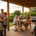 A happy family sitting on a strong deck