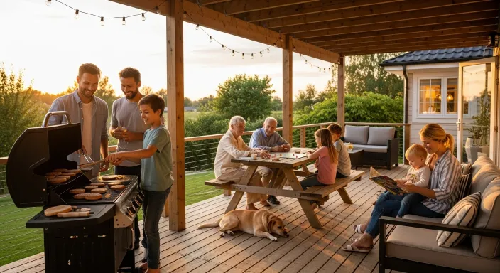 A happy family sitting on a strong deck