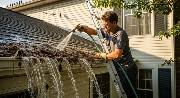 A man washing his home roof