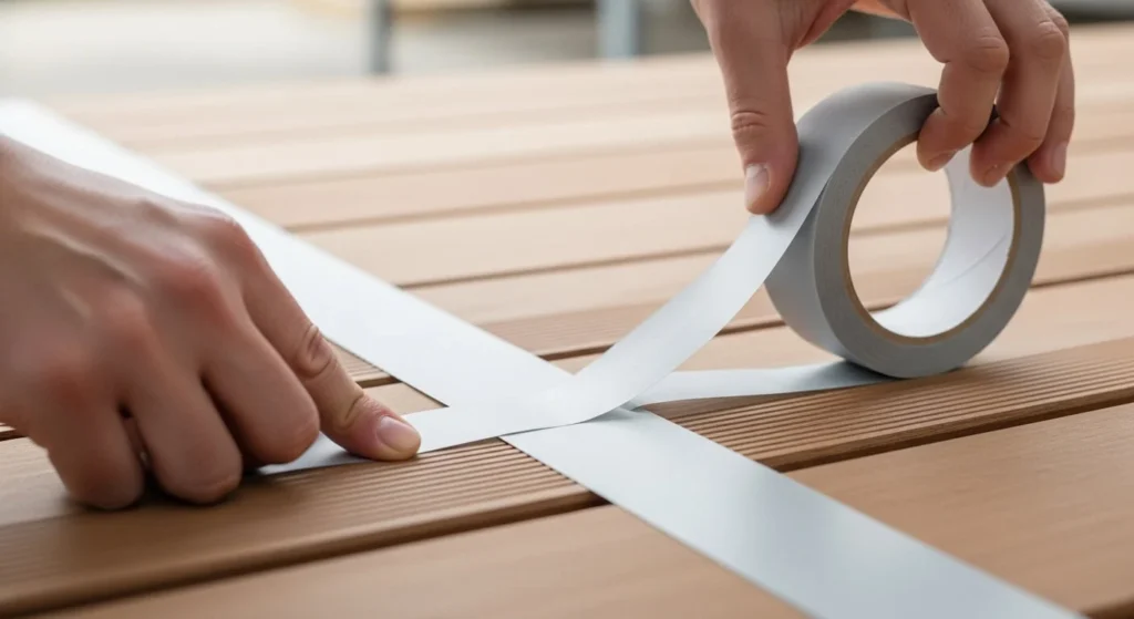 A person applying a Acrylic Tape on deck joist