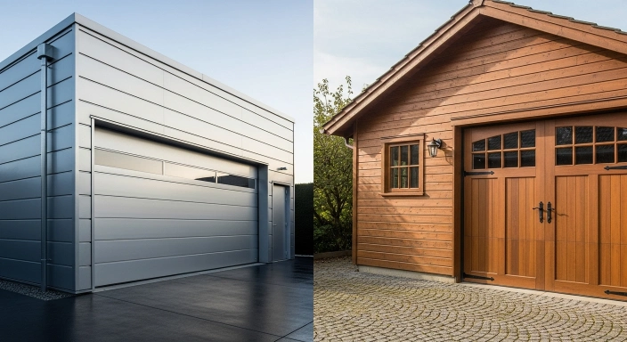 Metal vs wood garage side by side comparison exterior view