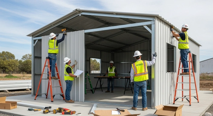 Prefab metal garage construction showing steel panels being installed