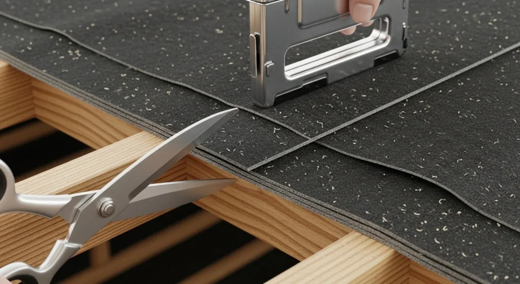 A person applying a Roofing felt on a deck joist