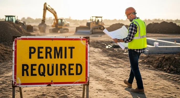 A man ignoring permits while building a garage