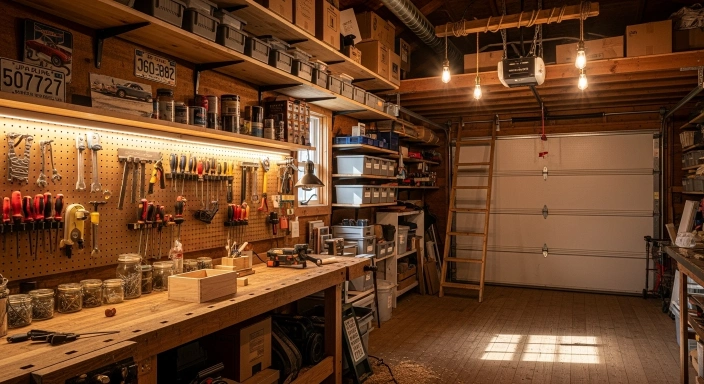 Wood garage interior with shelves, loft, and workbench for storage