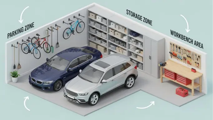 Two car garage storage sections